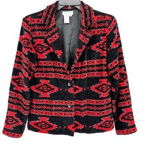 Coldwater Creek Southwestern Beaded Red Black Chenille Blazer Jacket Medium